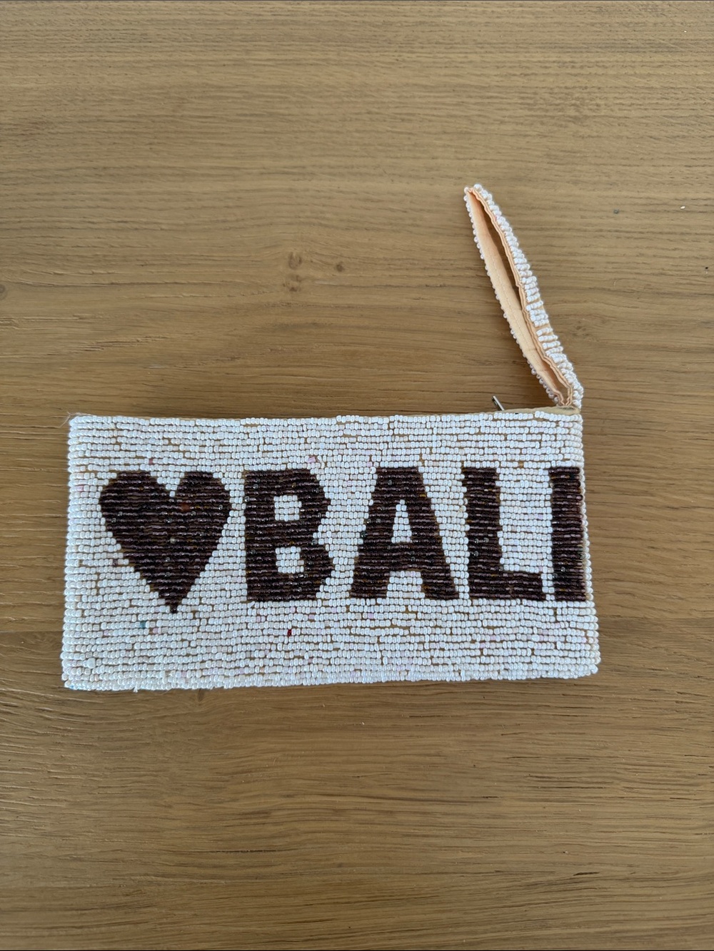 Beaded Wristlet Clutch in White and Brown - BALI Motif
